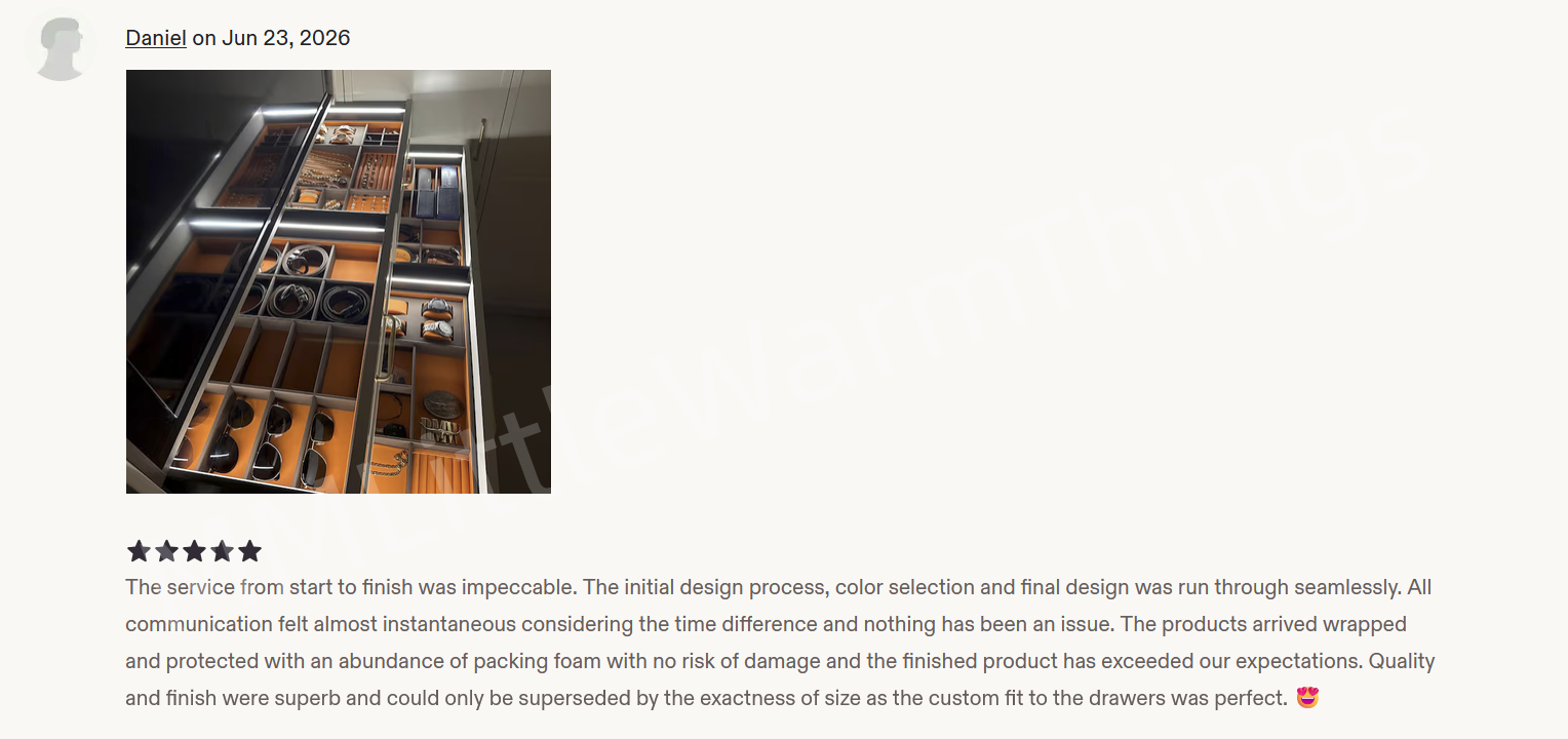 5-star Etsy customer review from Daniel for a custom leather accessories drawer insert by MM Little Warm Things