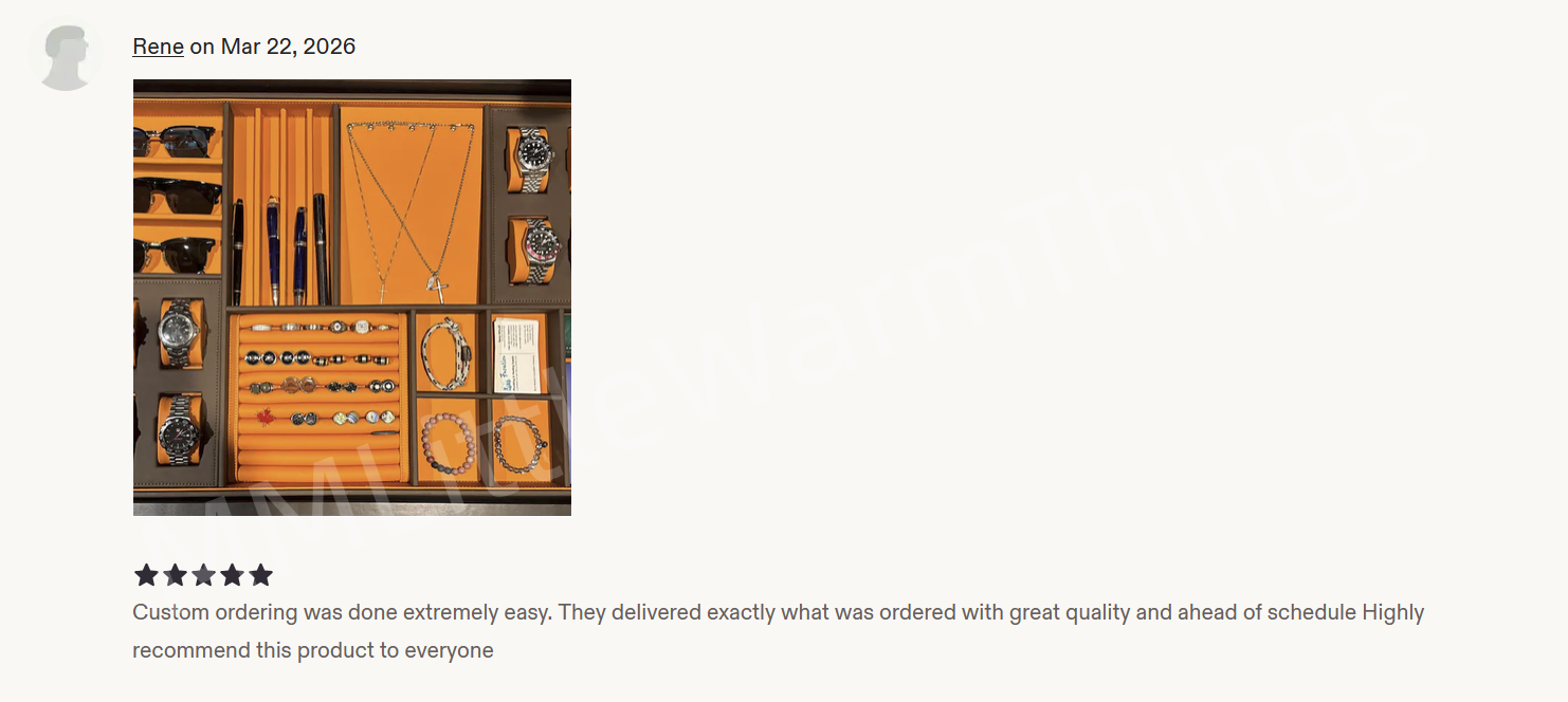 A customer review showing a jewelry organizer box filled with necklaces, bracelets, watches, and other accessories, along with a comment and star rating.