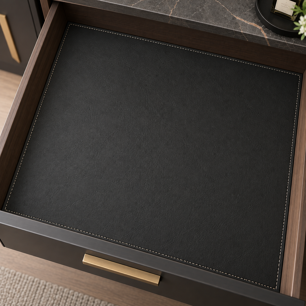 Custom Premium Faux Leather Shelf & Cabinet Liner – Made-to-Measure Stitched Panel For Drawer