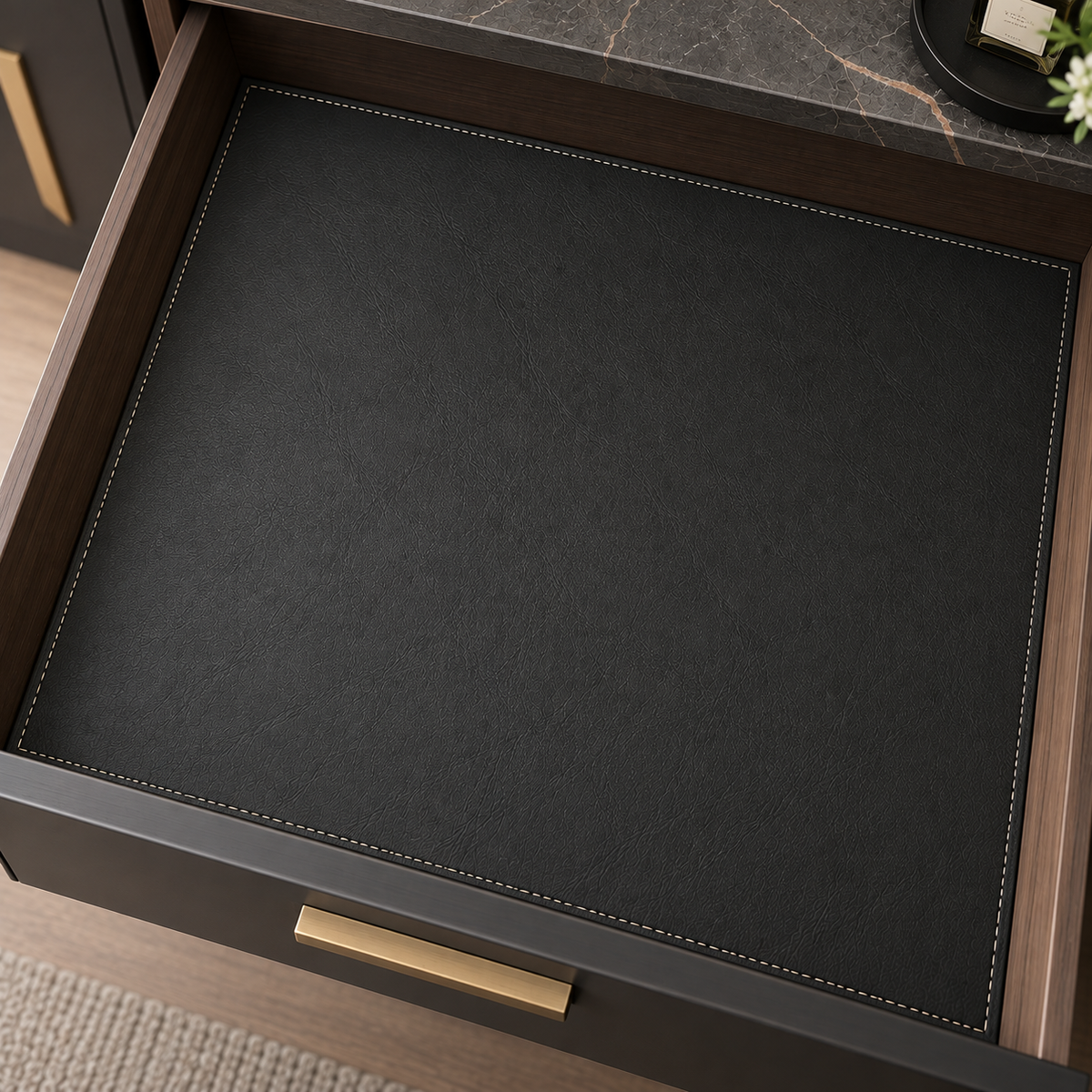Custom Premium Faux Leather Shelf & Cabinet Liner – Made-to-Measure Stitched Panel For Drawer
