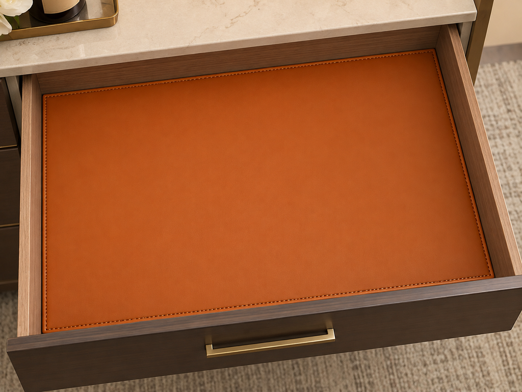 Custom Premium Faux Leather Shelf & Cabinet Liner – Made-to-Measure Stitched Panel For Drawer