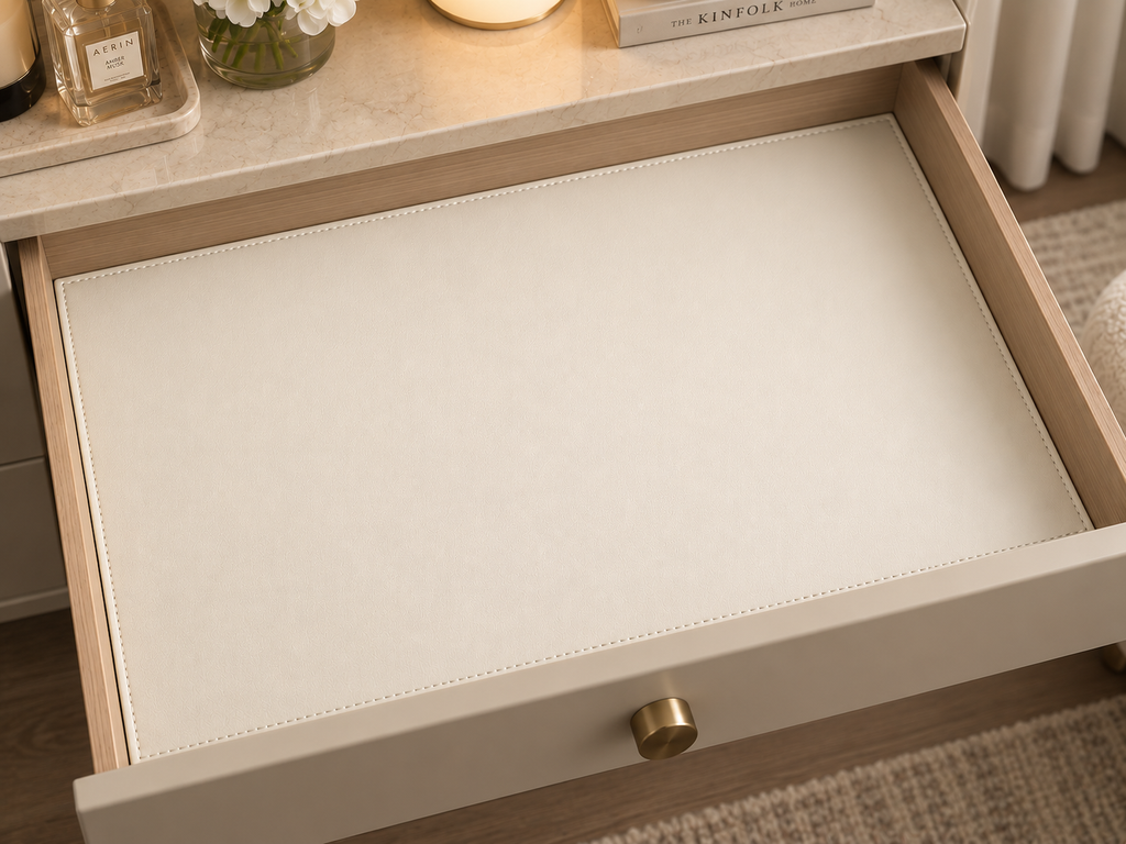 Custom Premium Faux Leather Shelf & Cabinet Liner – Made-to-Measure Stitched Panel For Drawer