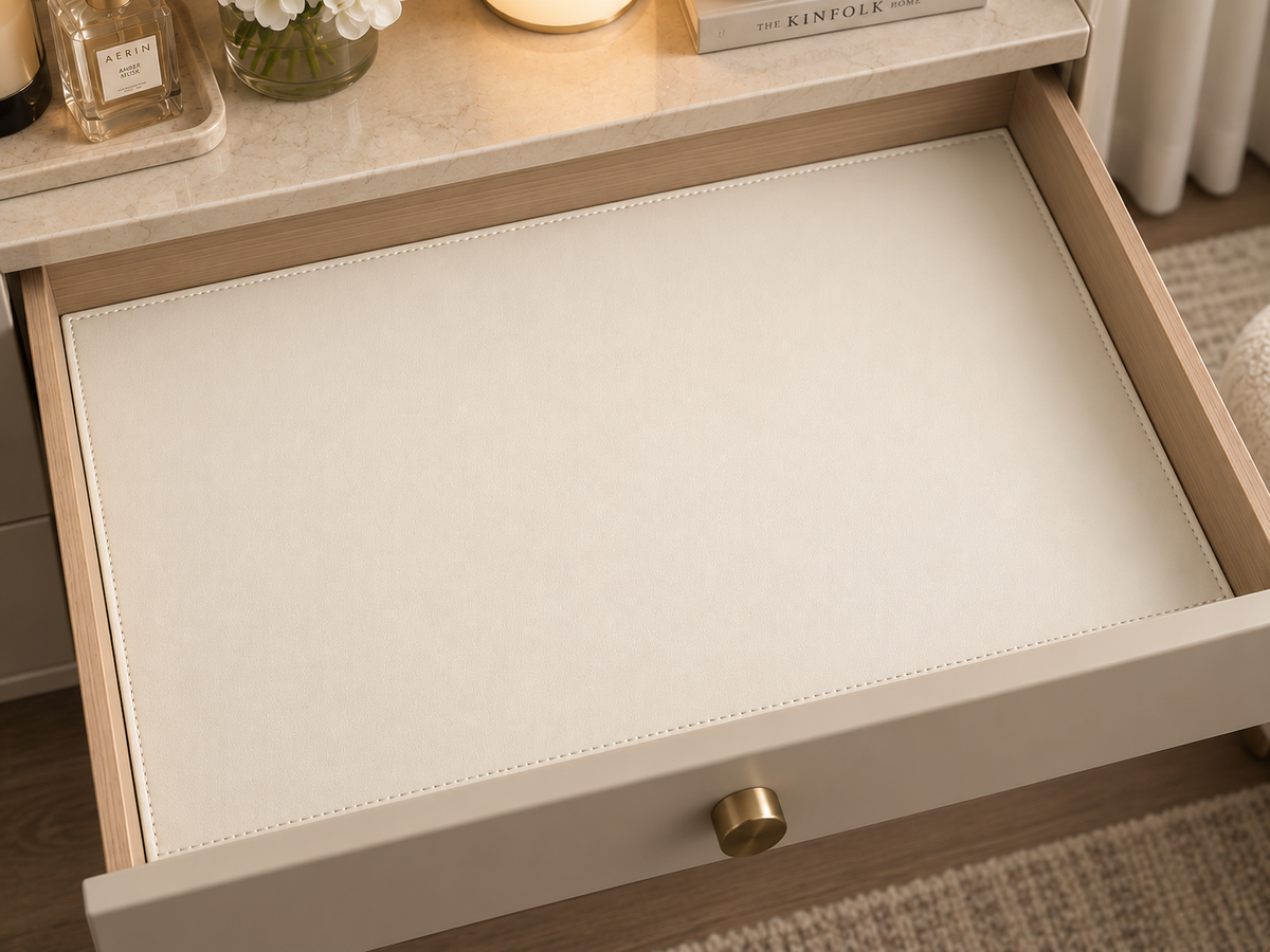 Custom Premium Faux Leather Shelf & Cabinet Liner – Made-to-Measure Stitched Panel For Drawer